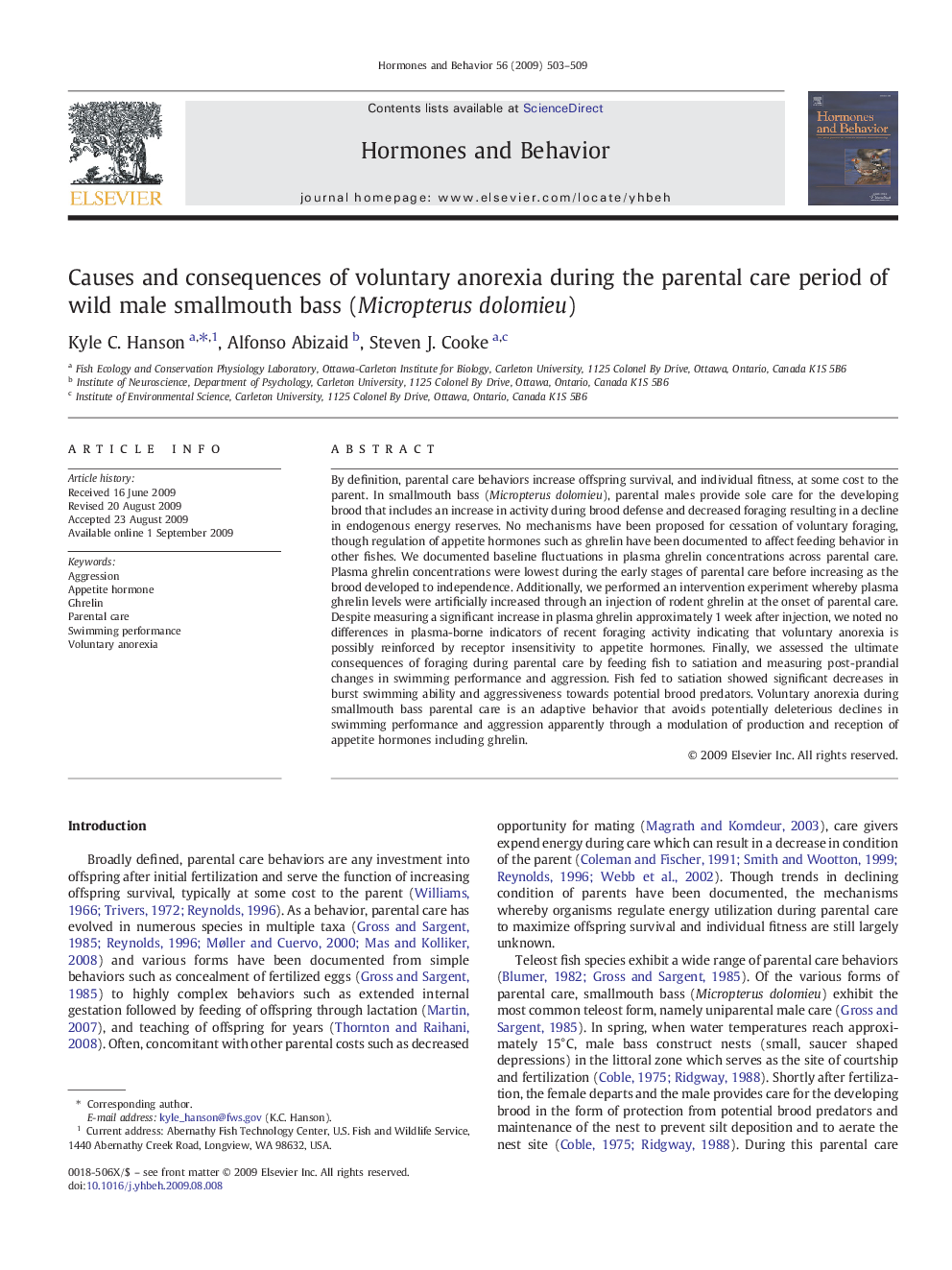 Causes and consequences of voluntary anorexia during the parental care period of wild male smallmouth bass (Micropterus dolomieu)