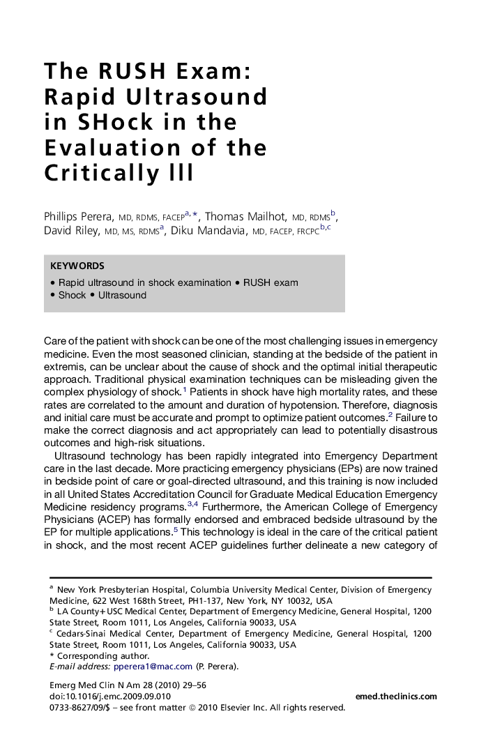 The RUSH Exam: Rapid Ultrasound in SHock in the Evaluation of the Critically lll