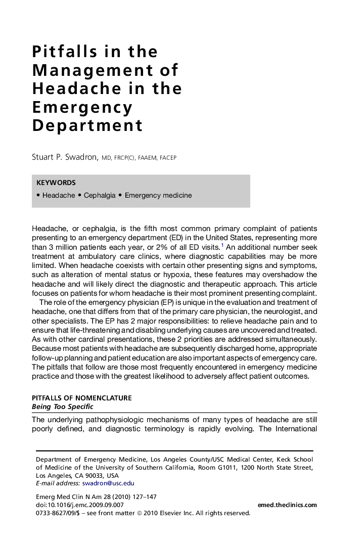 Pitfalls in the Management of Headache in the Emergency Department