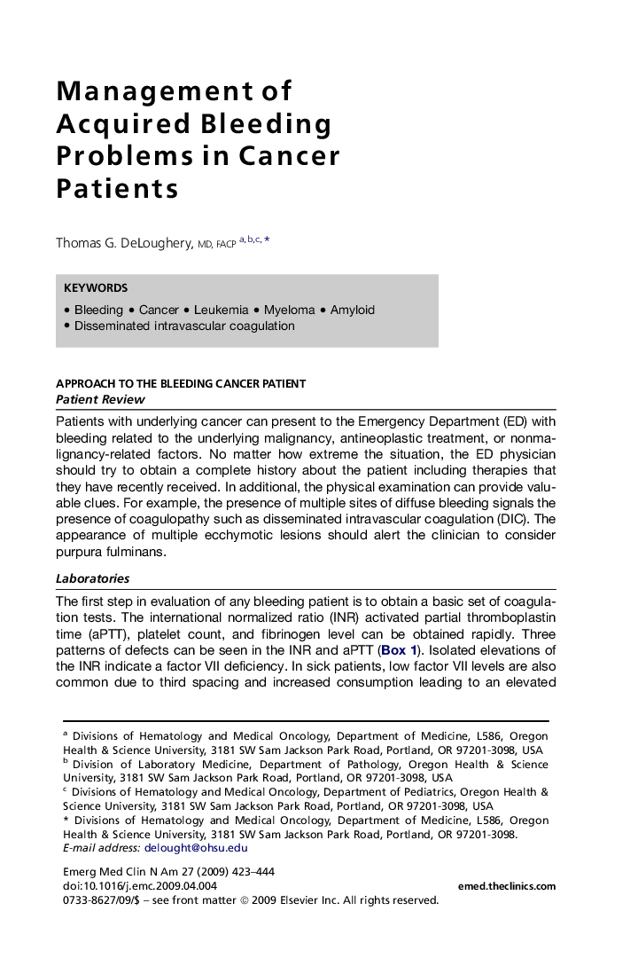 Management of Acquired Bleeding Problems in Cancer Patients