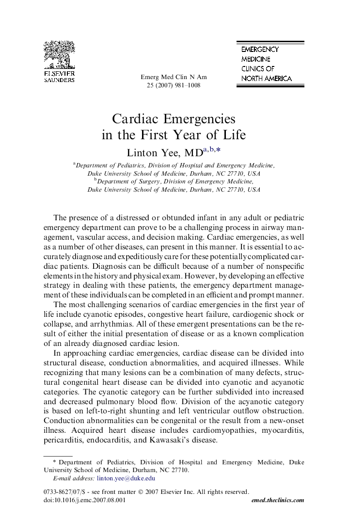 Cardiac Emergencies in the First Year of Life