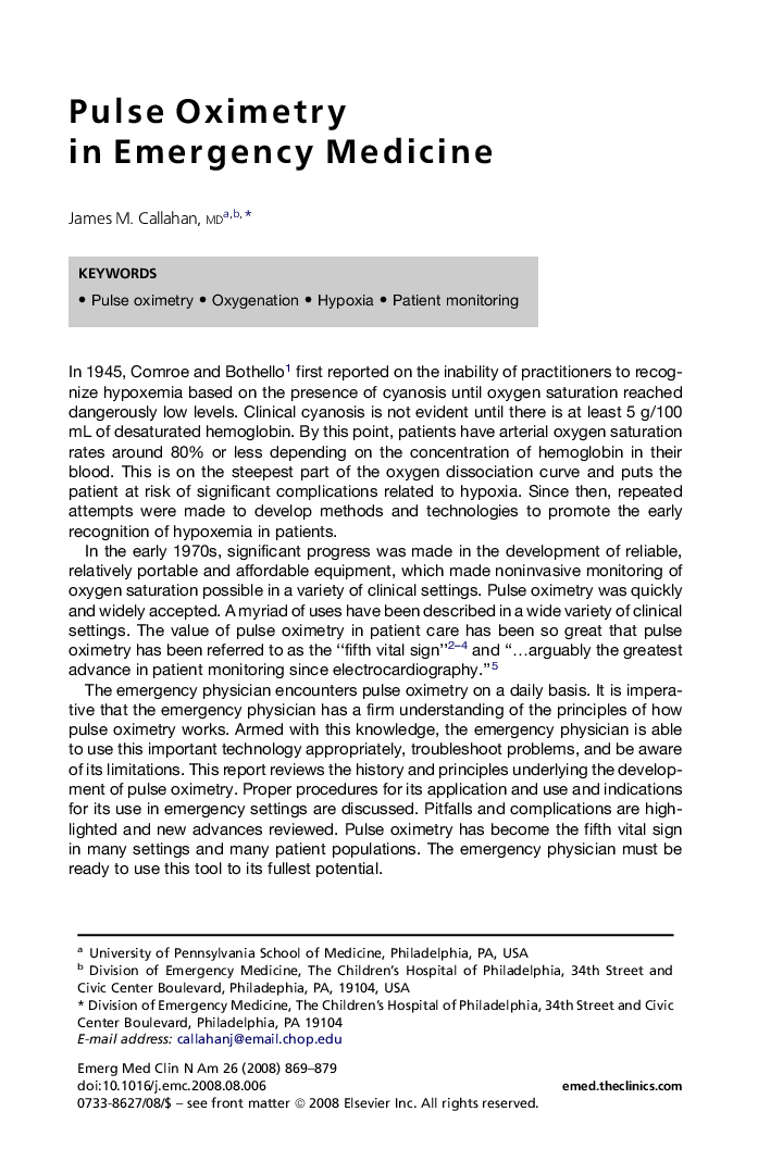 Pulse Oximetry in Emergency Medicine