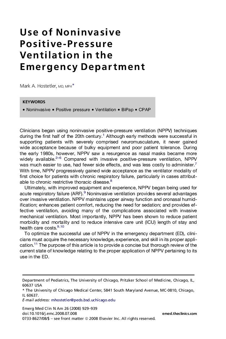 Use of Noninvasive Positive-Pressure Ventilation in the Emergency Department