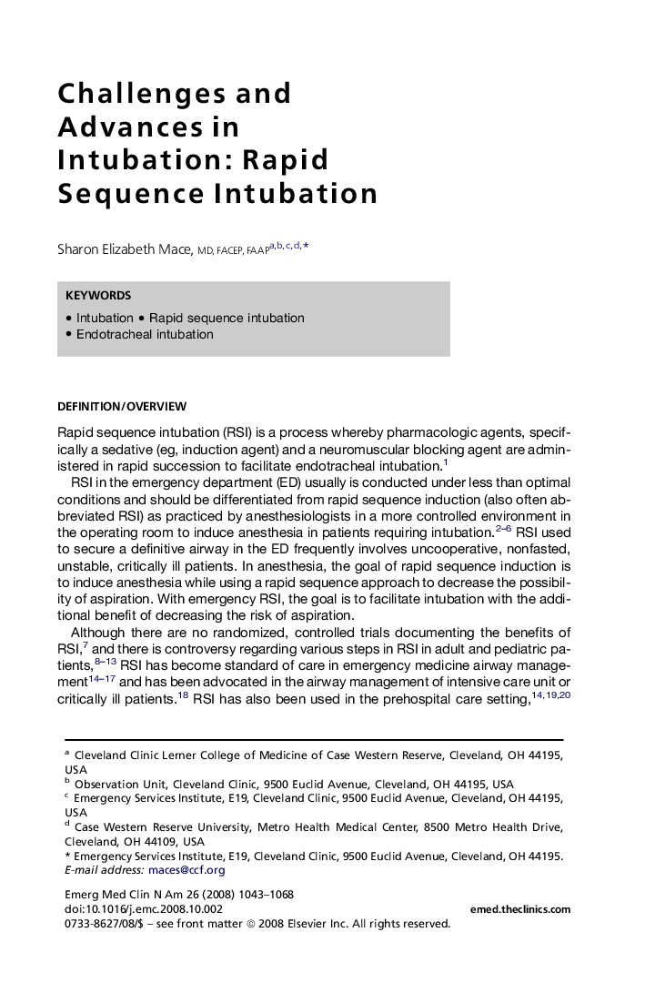 Challenges and Advances in Intubation: Rapid Sequence Intubation