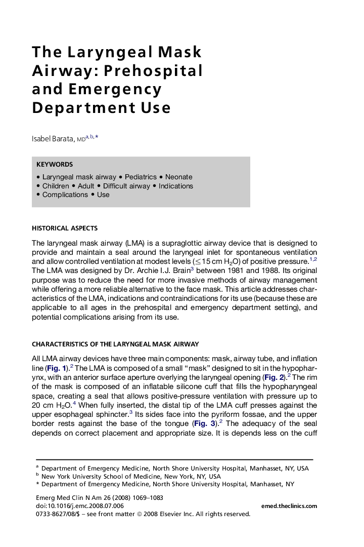 The Laryngeal Mask Airway: Prehospital and Emergency Department Use