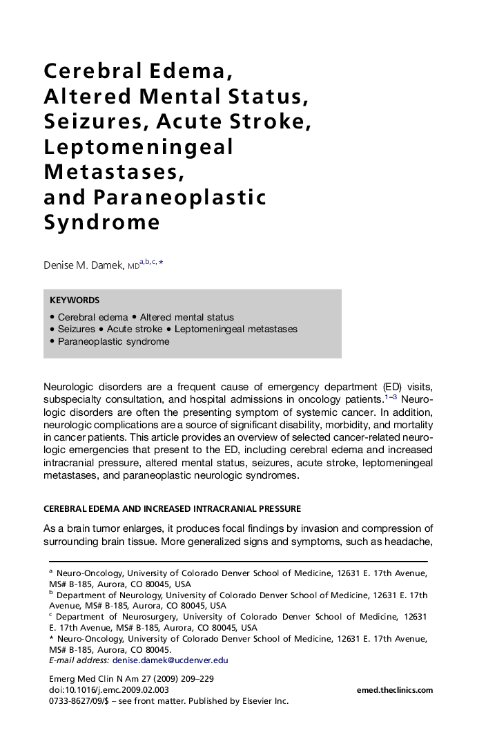 Cerebral Edema, Altered Mental Status, Seizures, Acute Stroke, Leptomeningeal Metastases, and Paraneoplastic Syndrome