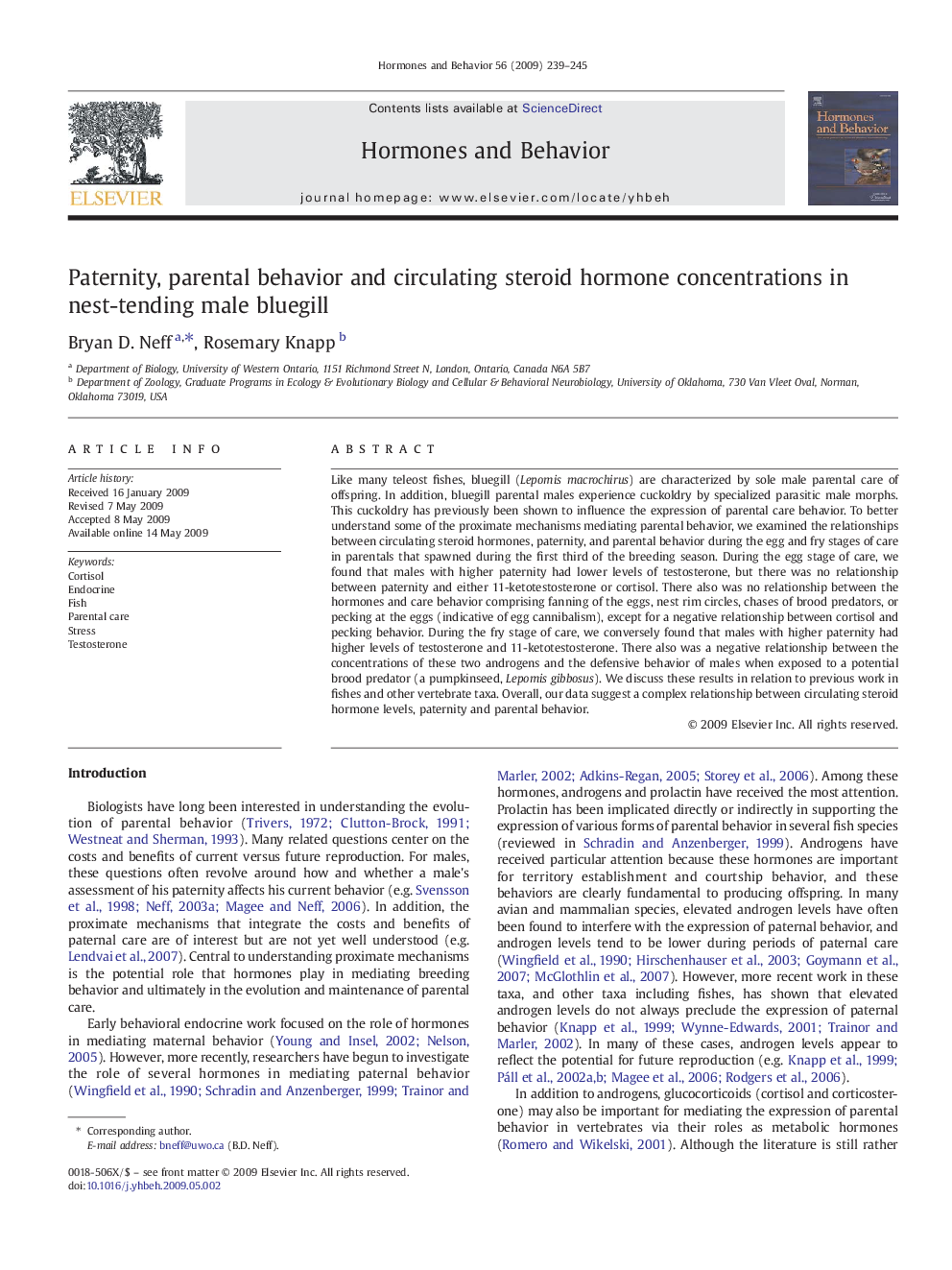 Paternity, parental behavior and circulating steroid hormone concentrations in nest-tending male bluegill