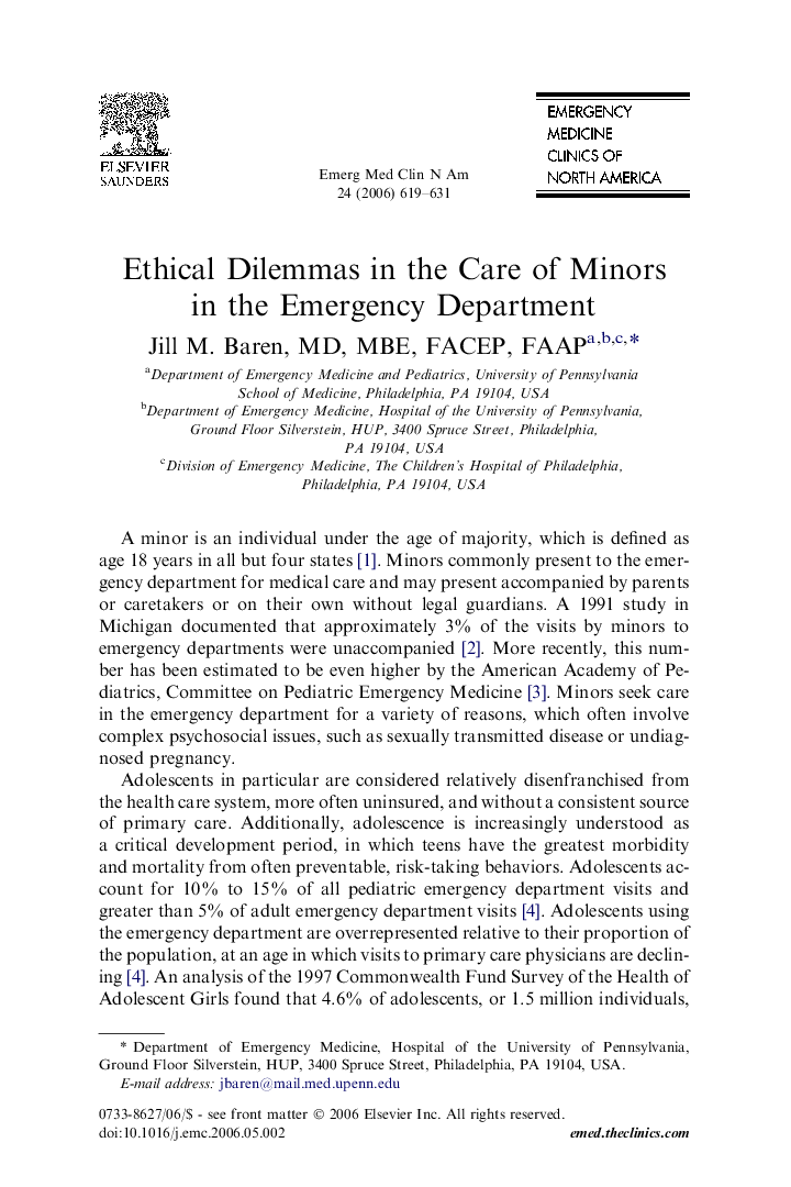 Ethical Dilemmas in the Care of Minors in the Emergency Department