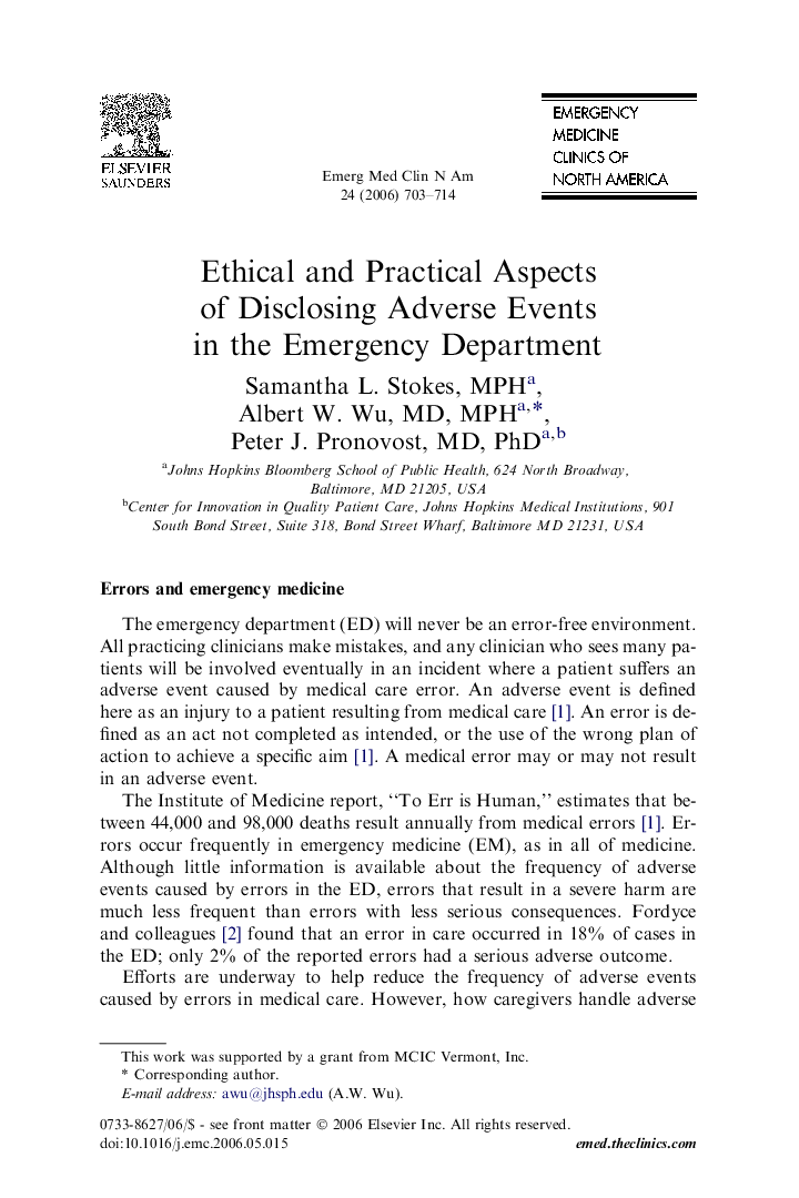 Ethical and Practical Aspects of Disclosing Adverse Events in the Emergency Department