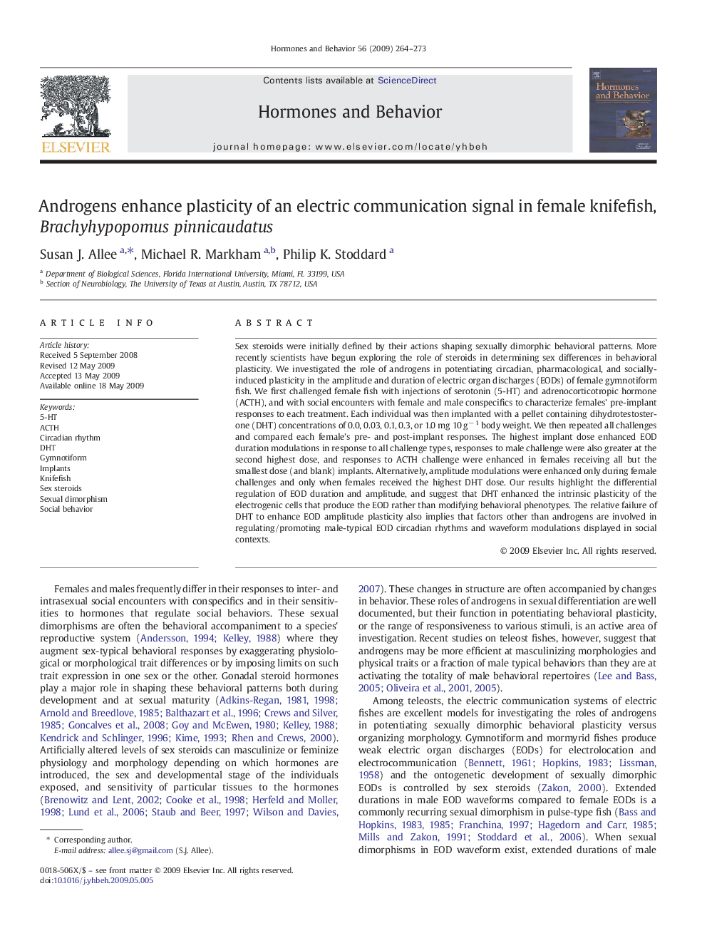 Androgens enhance plasticity of an electric communication signal in female knifefish, Brachyhypopomus pinnicaudatus