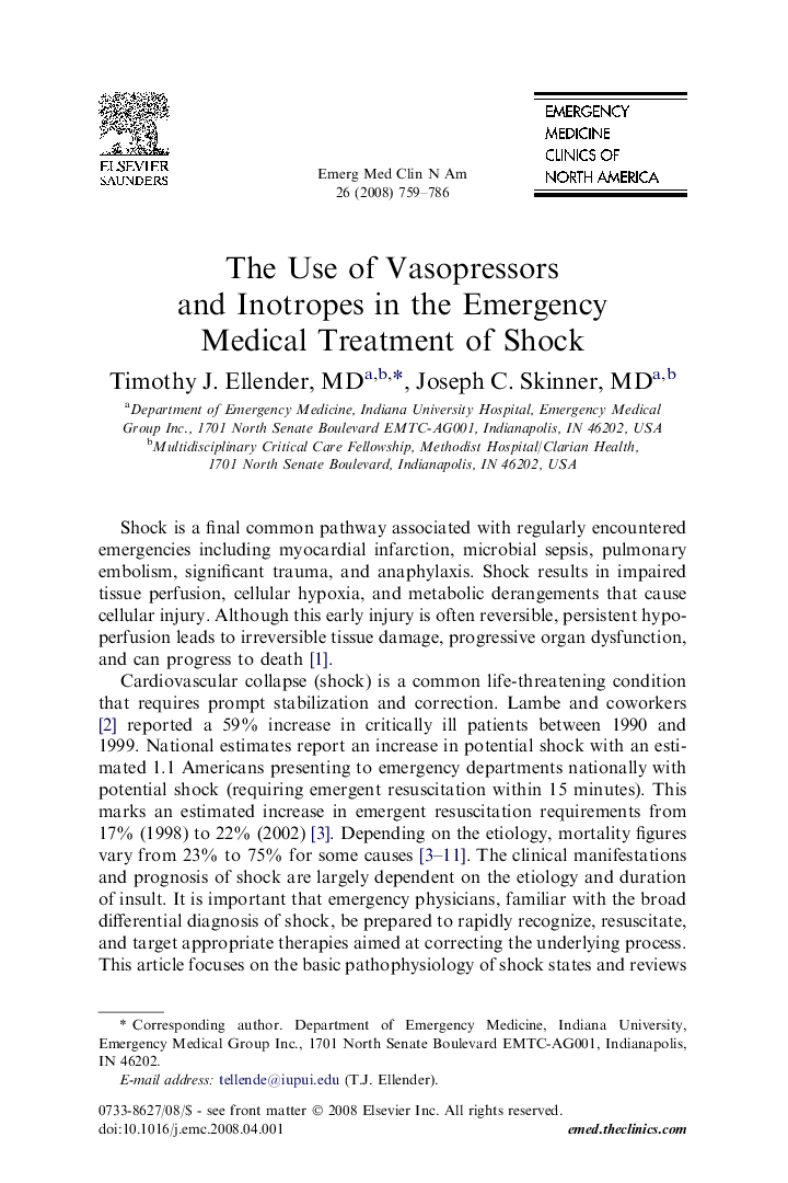 The Use of Vasopressors and Inotropes in the Emergency Medical Treatment of Shock