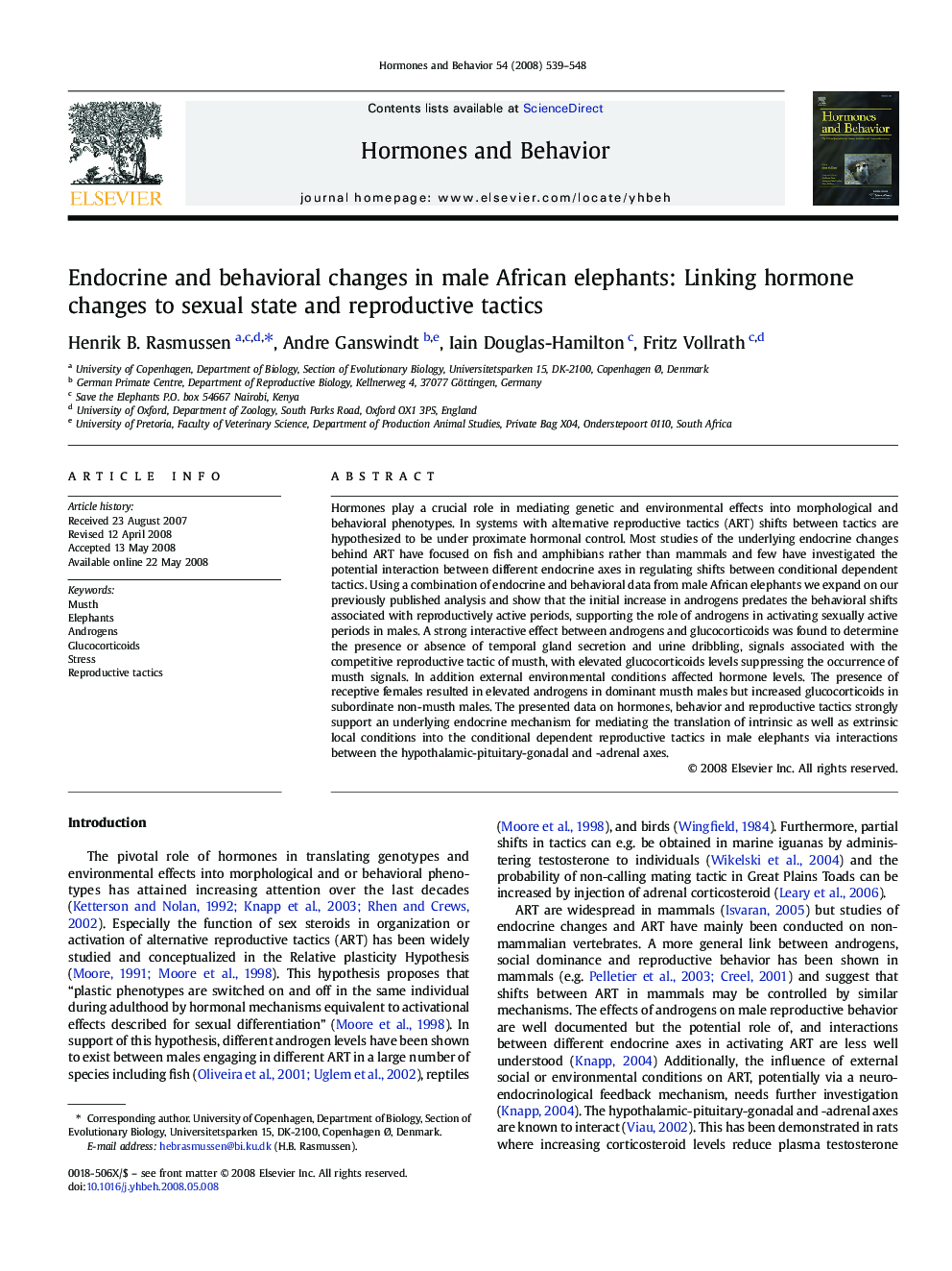 Endocrine and behavioral changes in male African elephants: Linking hormone changes to sexual state and reproductive tactics