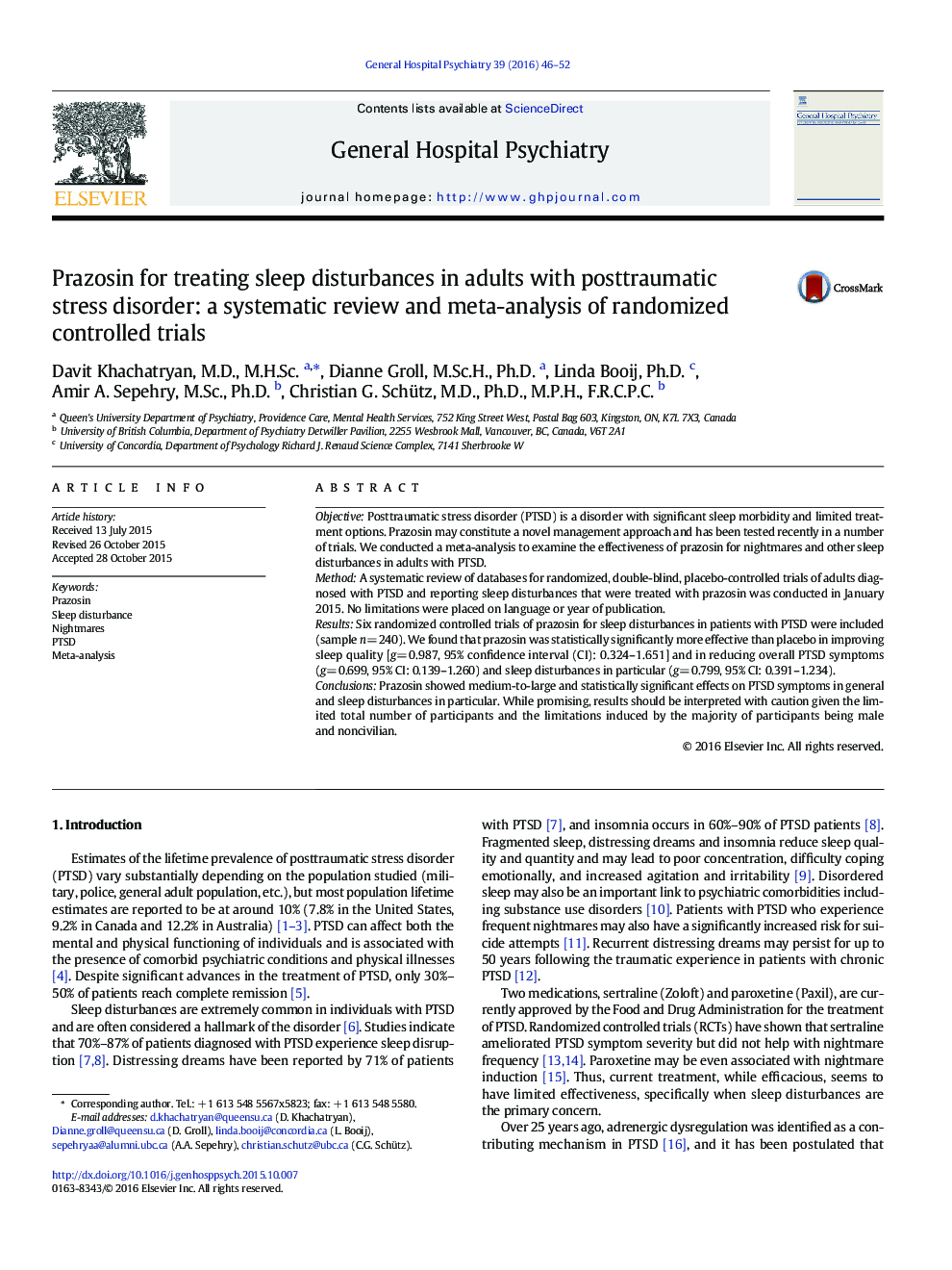 Prazosin for treating sleep disturbances in adults with posttraumatic stress disorder: a systematic review and meta-analysis of randomized controlled trials