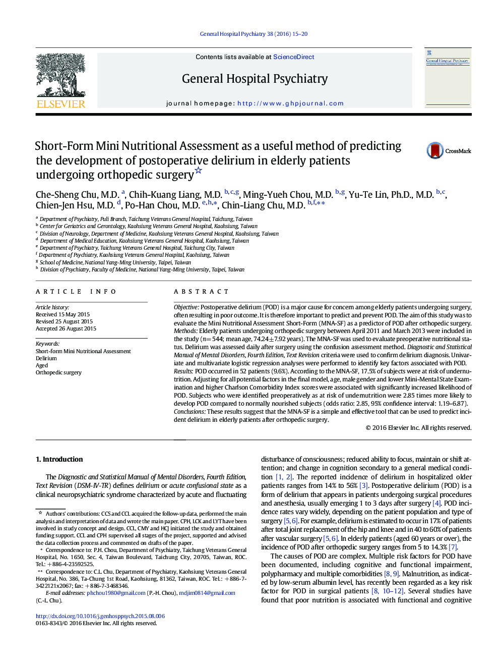Short-Form Mini Nutritional Assessment as a useful method of predicting the development of postoperative delirium in elderly patients undergoing orthopedic surgery 
