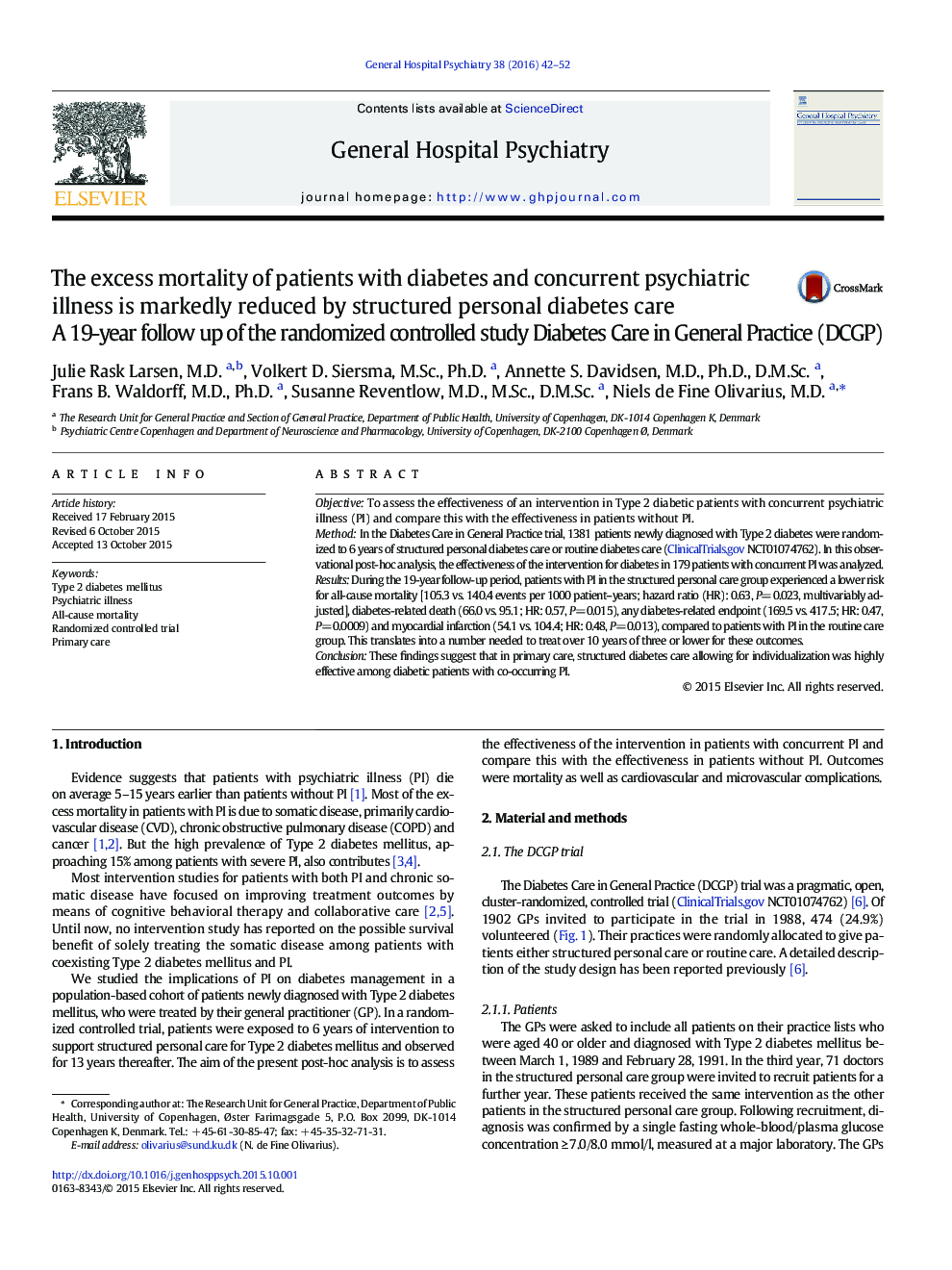 The excess mortality of patients with diabetes and concurrent psychiatric illness is markedly reduced by structured personal diabetes care: A 19-year follow up of the randomized controlled study Diabetes Care in General Practice (DCGP)