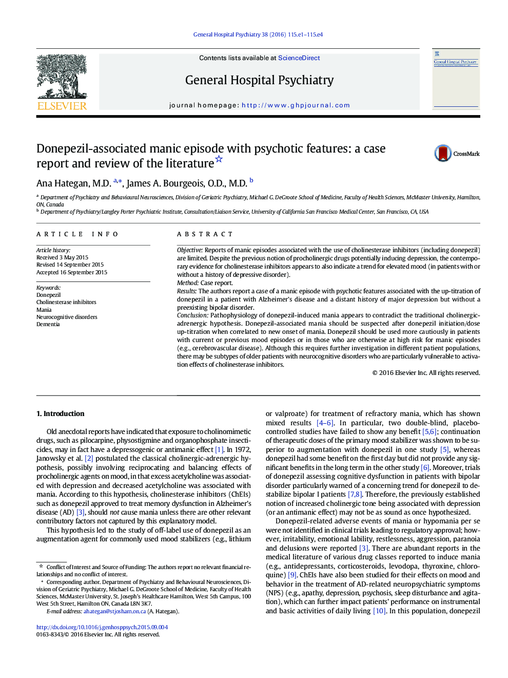 Donepezil-associated manic episode with psychotic features: a case report and review of the literature