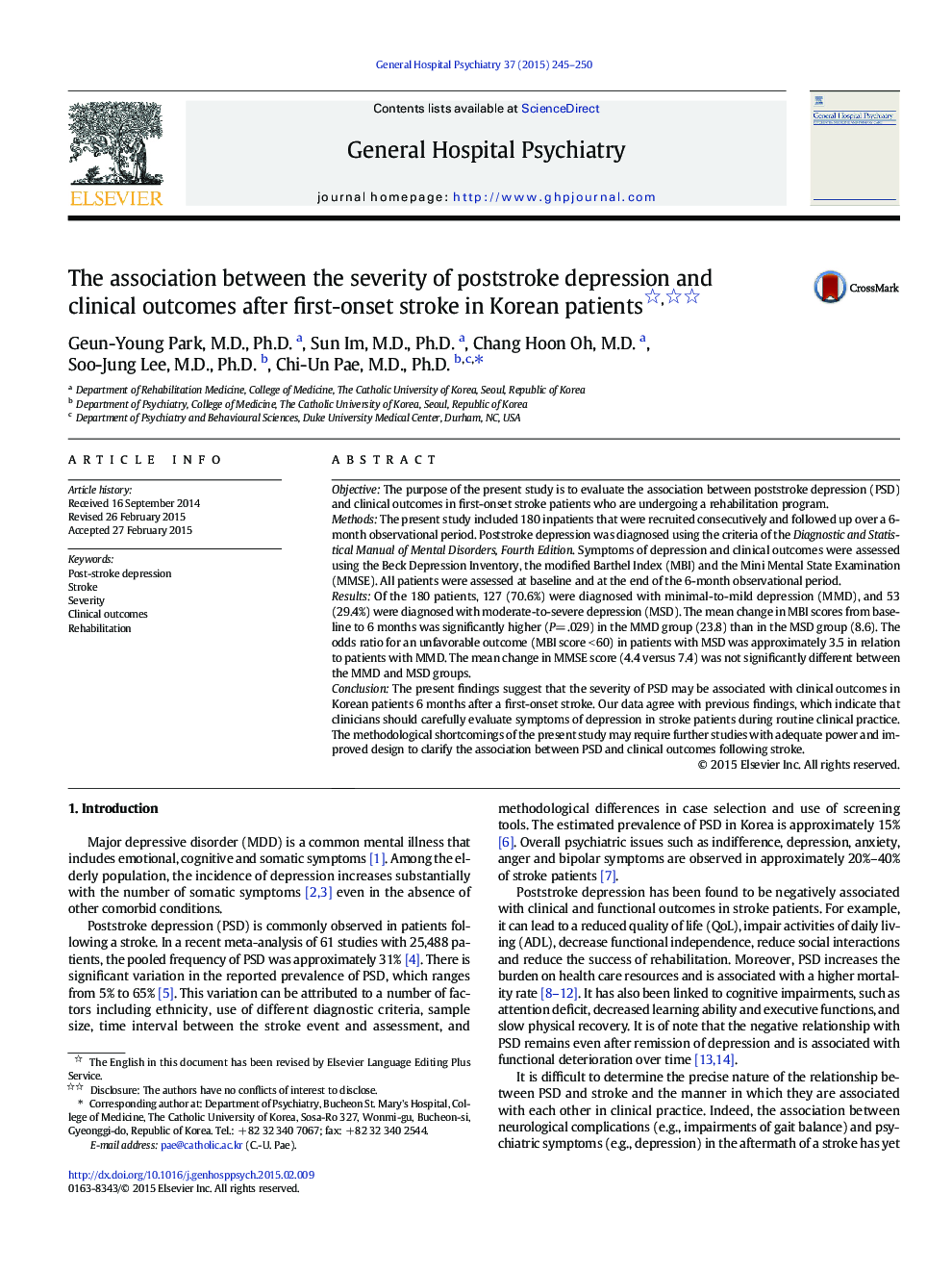 The association between the severity of poststroke depression and clinical outcomes after first-onset stroke in Korean patients 