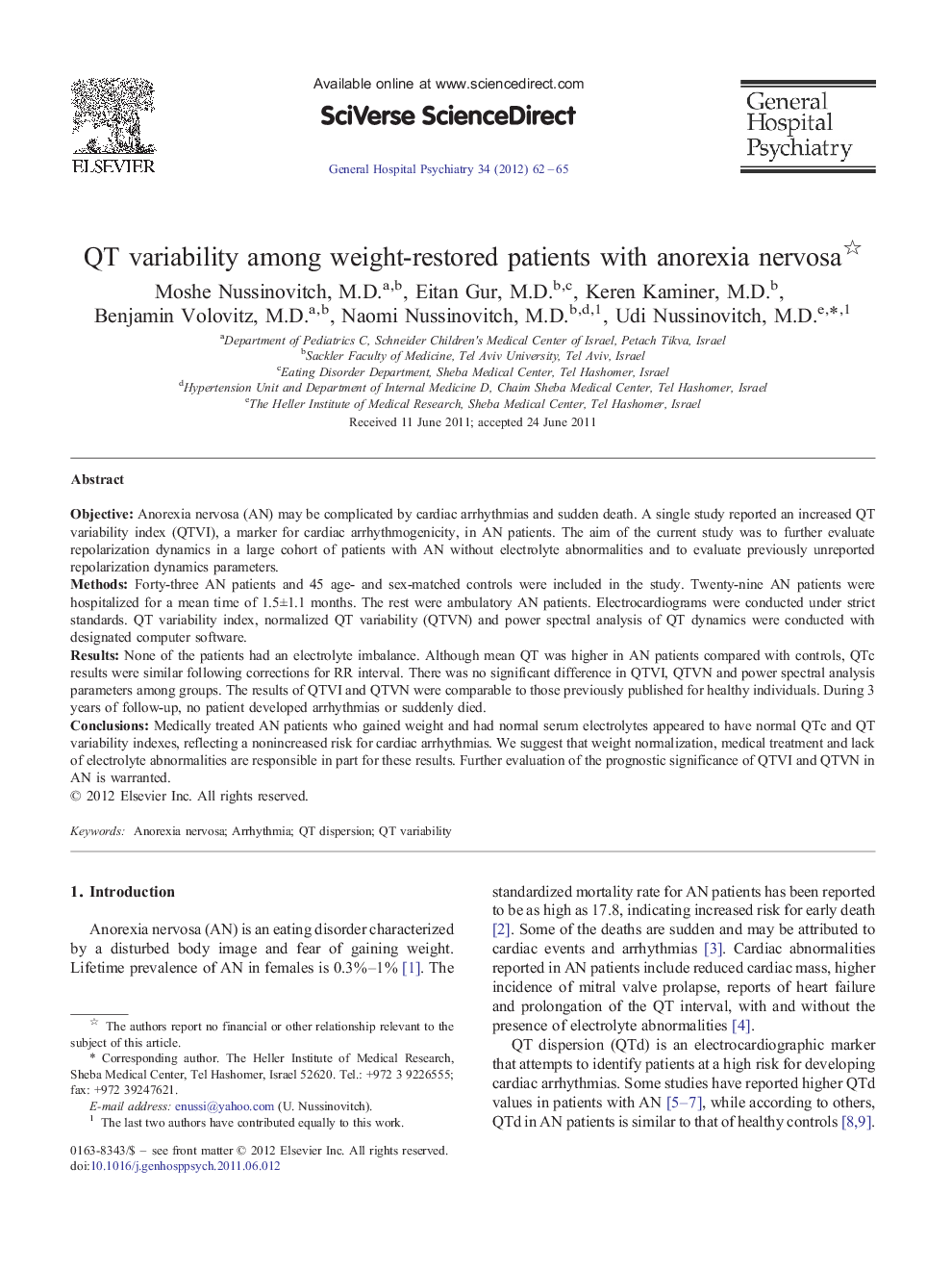 عکس صفحه اول مقاله: QT variability among weight-restored patients with anorexia nervosa QT variability among weight-restored patients with anorexia nervosa