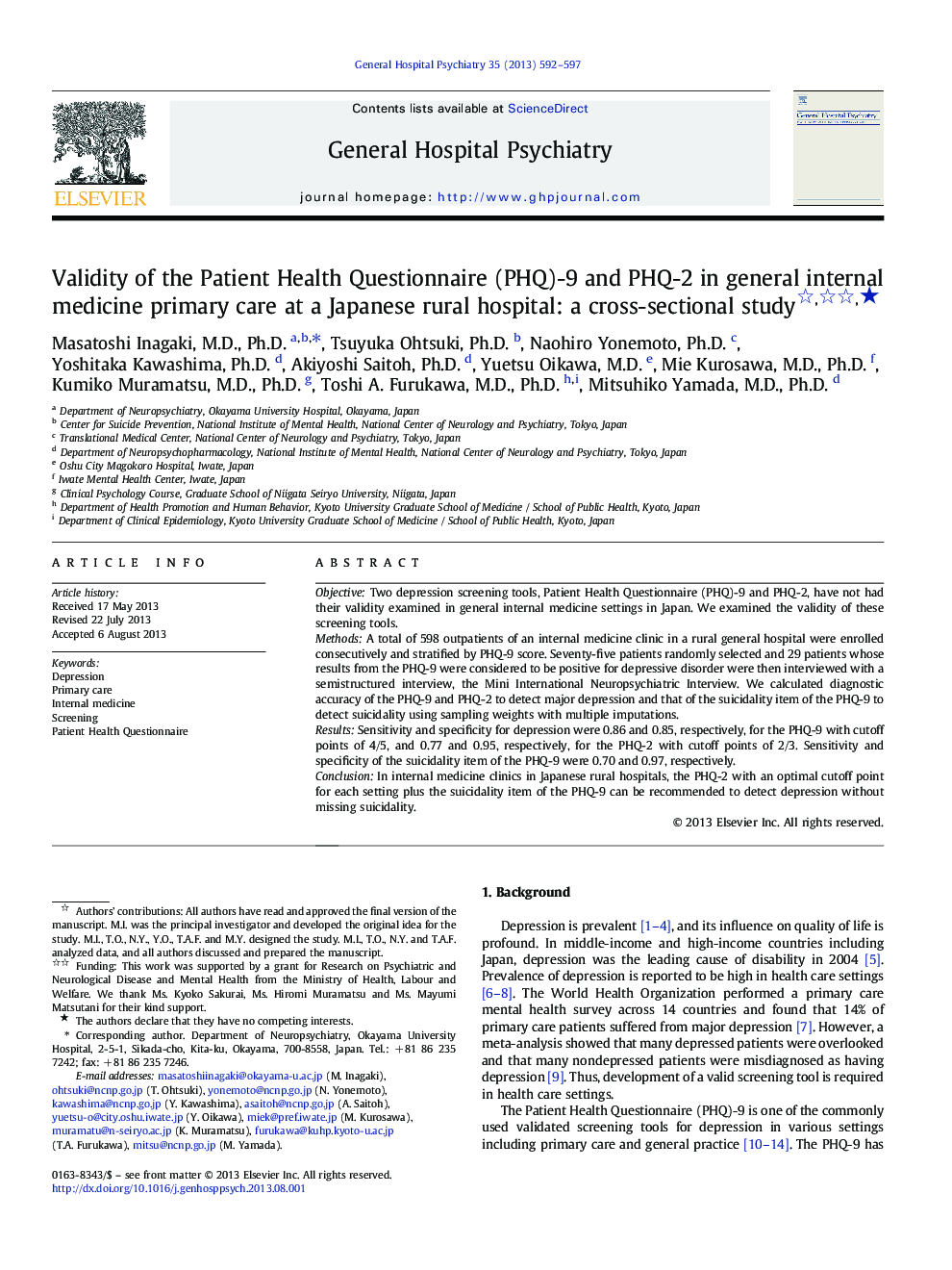 Validity of the Patient Health Questionnaire (PHQ)-9 and PHQ-2 in general internal medicine primary care at a Japanese rural hospital: a cross-sectional study ★