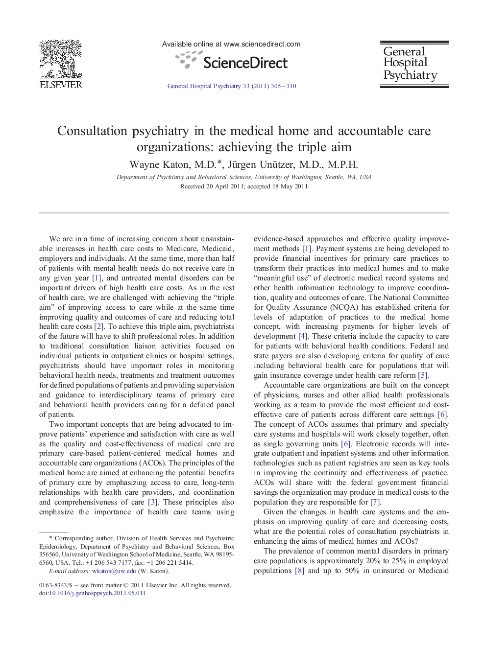 عکس صفحه اول مقاله: Consultation psychiatry in the medical home and accountable care organizations: achieving the triple aim Consultation psychiatry in the medical home and accountable care organizations: achieving the triple aim