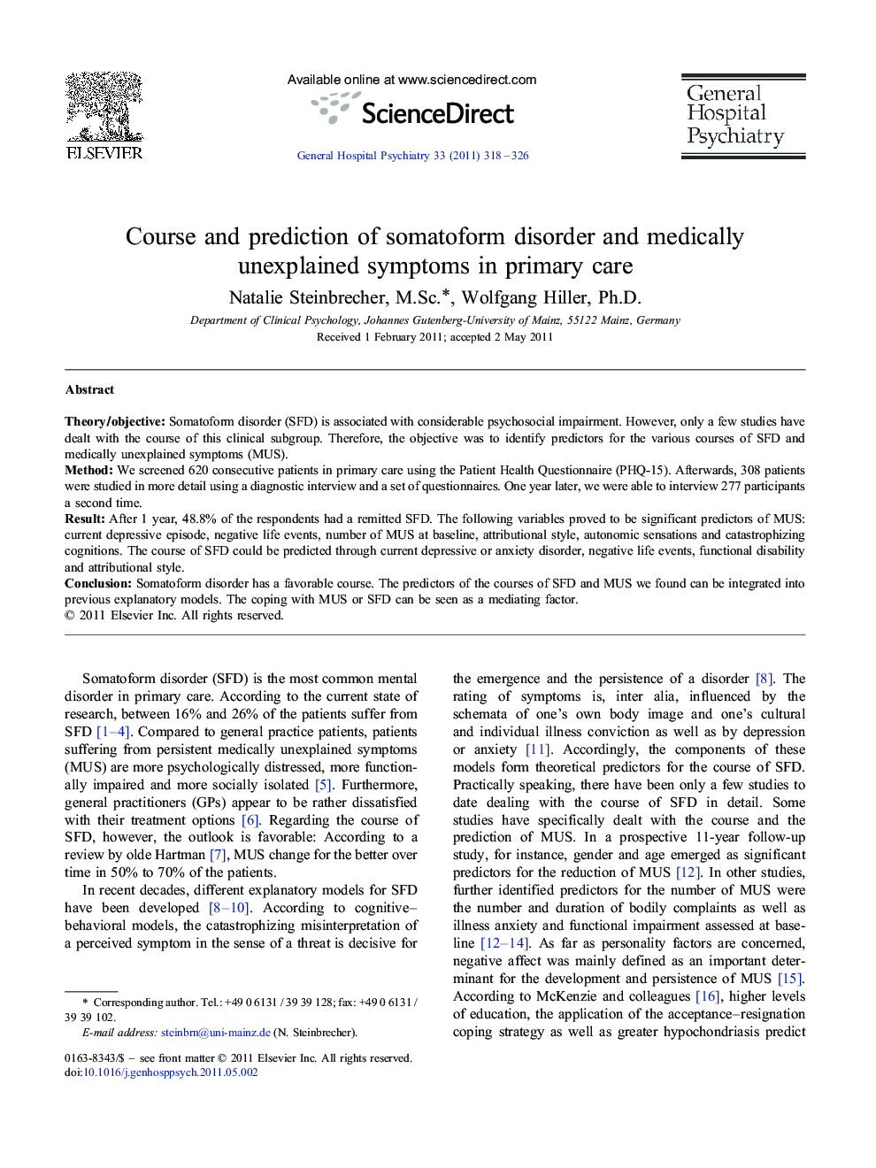 Course and prediction of somatoform disorder and medically unexplained symptoms in primary care