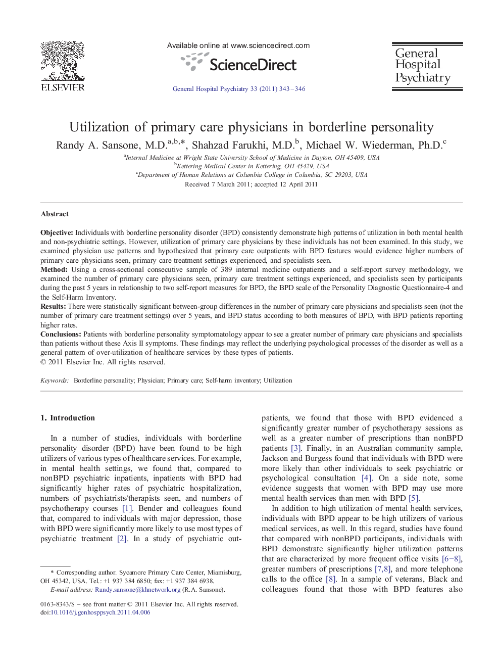 Utilization of primary care physicians in borderline personality