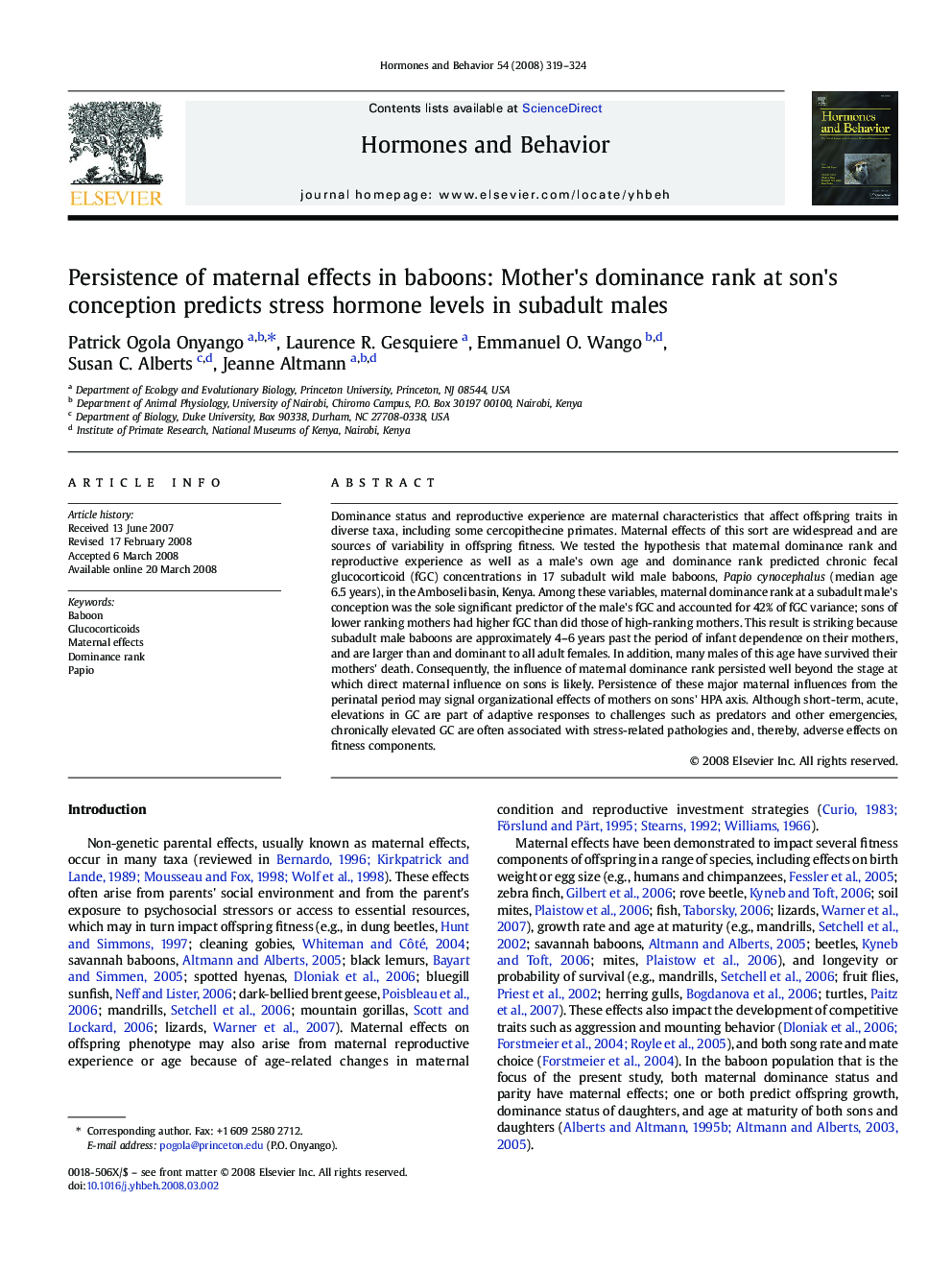 Persistence of maternal effects in baboons: Mother's dominance rank at son's conception predicts stress hormone levels in subadult males