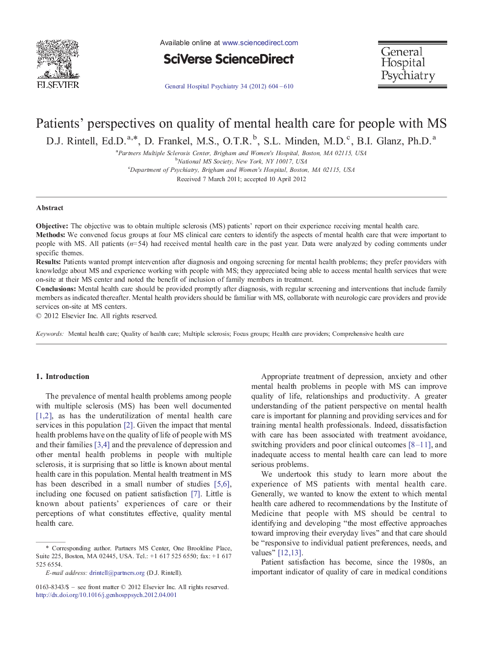 Patients' perspectives on quality of mental health care for people with MS