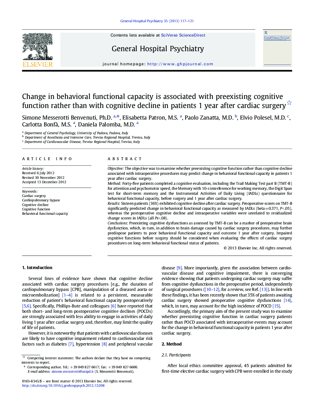 Change in behavioral functional capacity is associated with preexisting cognitive function rather than with cognitive decline in patients 1 year after cardiac surgery