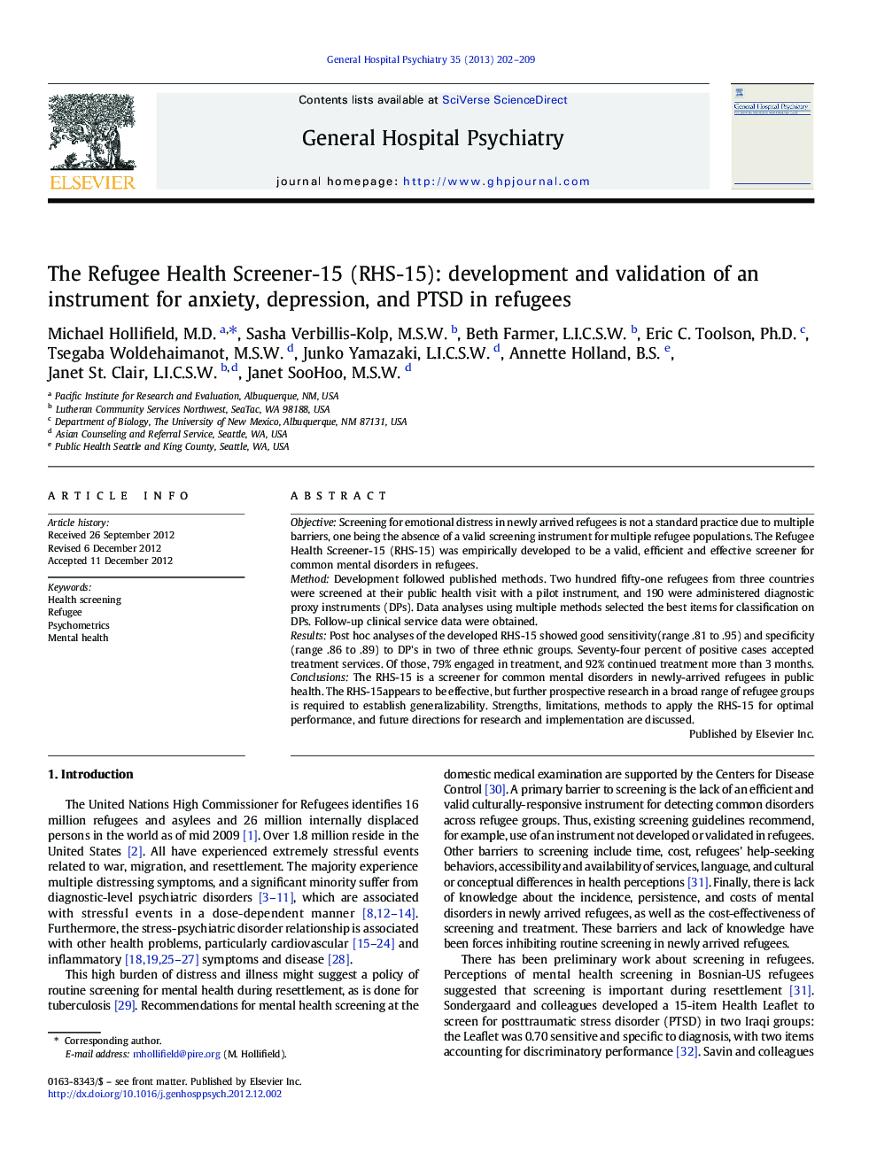 The Refugee Health Screener-15 (RHS-15): development and validation of an instrument for anxiety, depression, and PTSD in refugees
