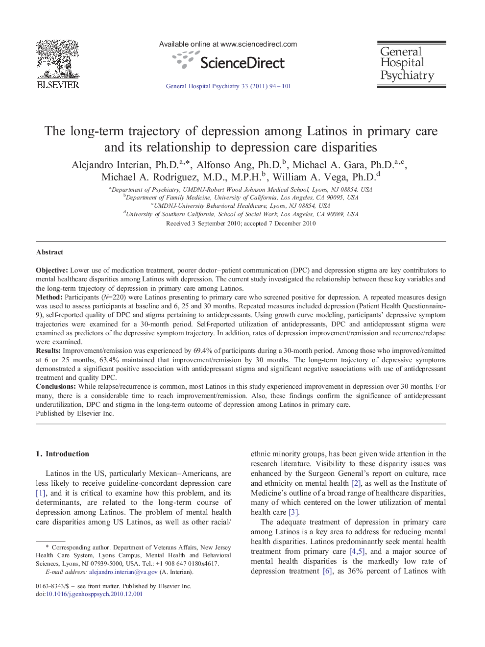 The long-term trajectory of depression among Latinos in primary care and its relationship to depression care disparities