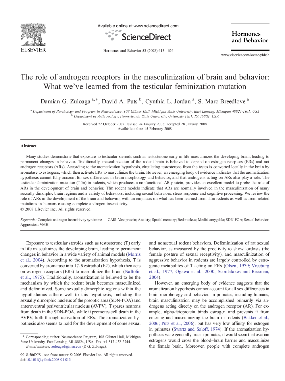 The role of androgen receptors in the masculinization of brain and behavior: What we've learned from the testicular feminization mutation