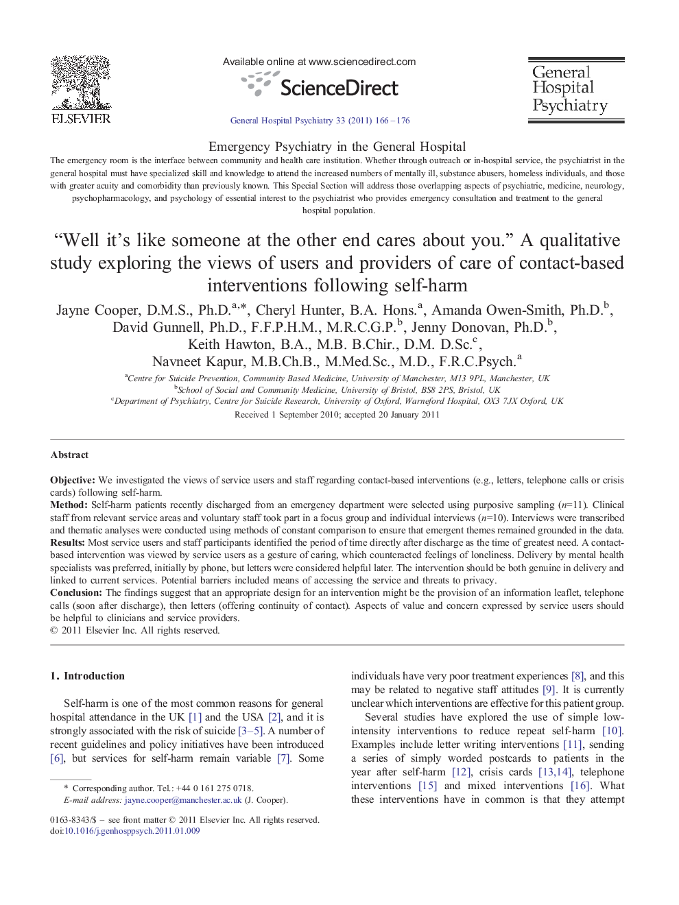 “Well it's like someone at the other end cares about you.” A qualitative study exploring the views of users and providers of care of contact-based interventions following self-harm