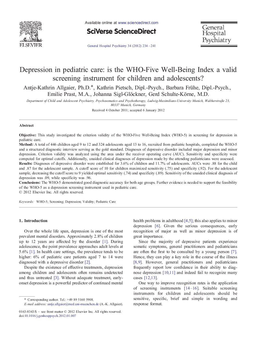 Depression in pediatric care: is the WHO-Five Well-Being Index a valid screening instrument for children and adolescents?