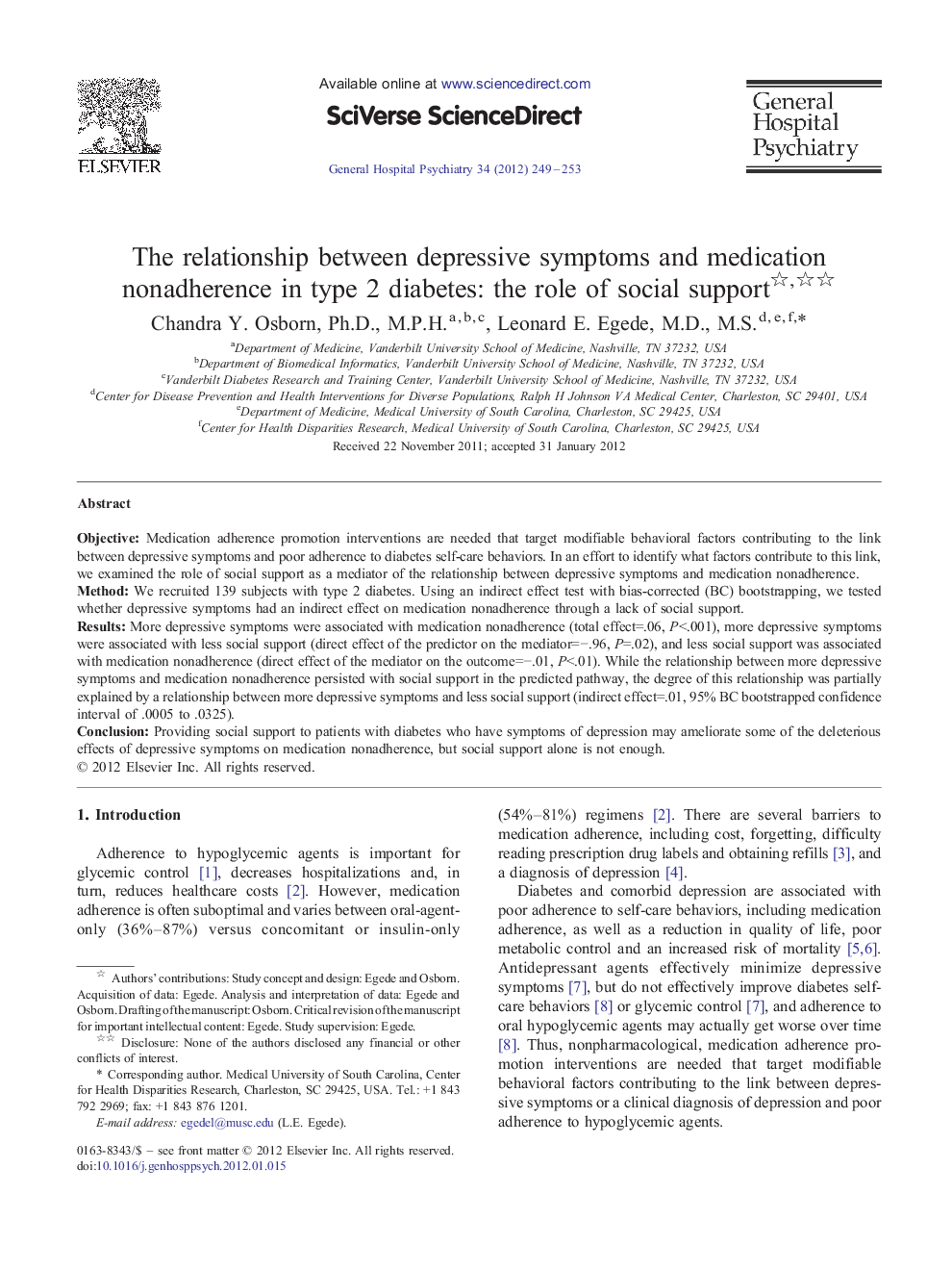 The relationship between depressive symptoms and medication nonadherence in type 2 diabetes: the role of social support 