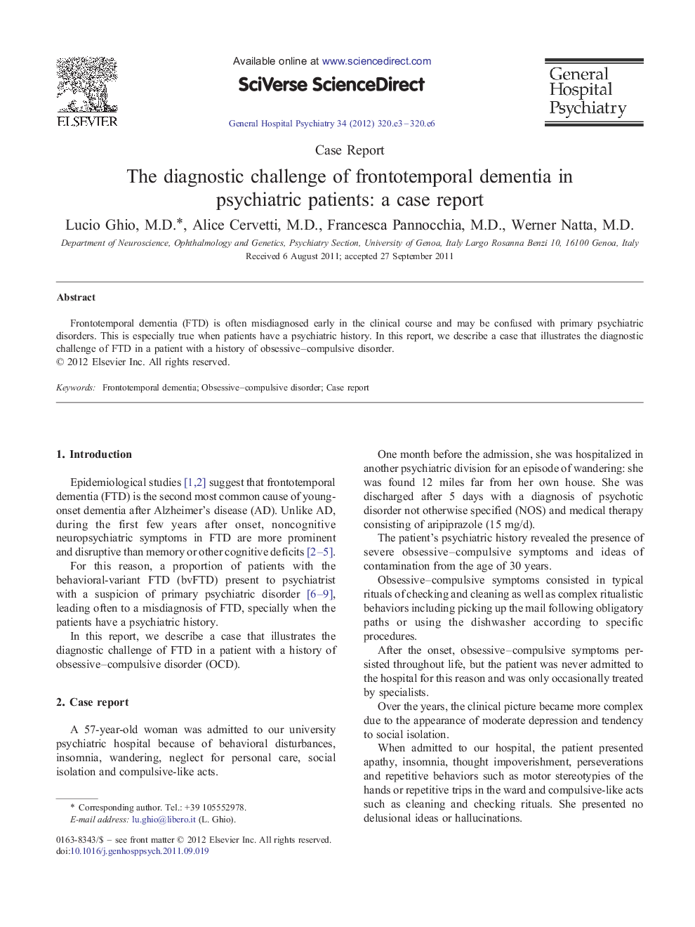 The diagnostic challenge of frontotemporal dementia in psychiatric patients: a case report