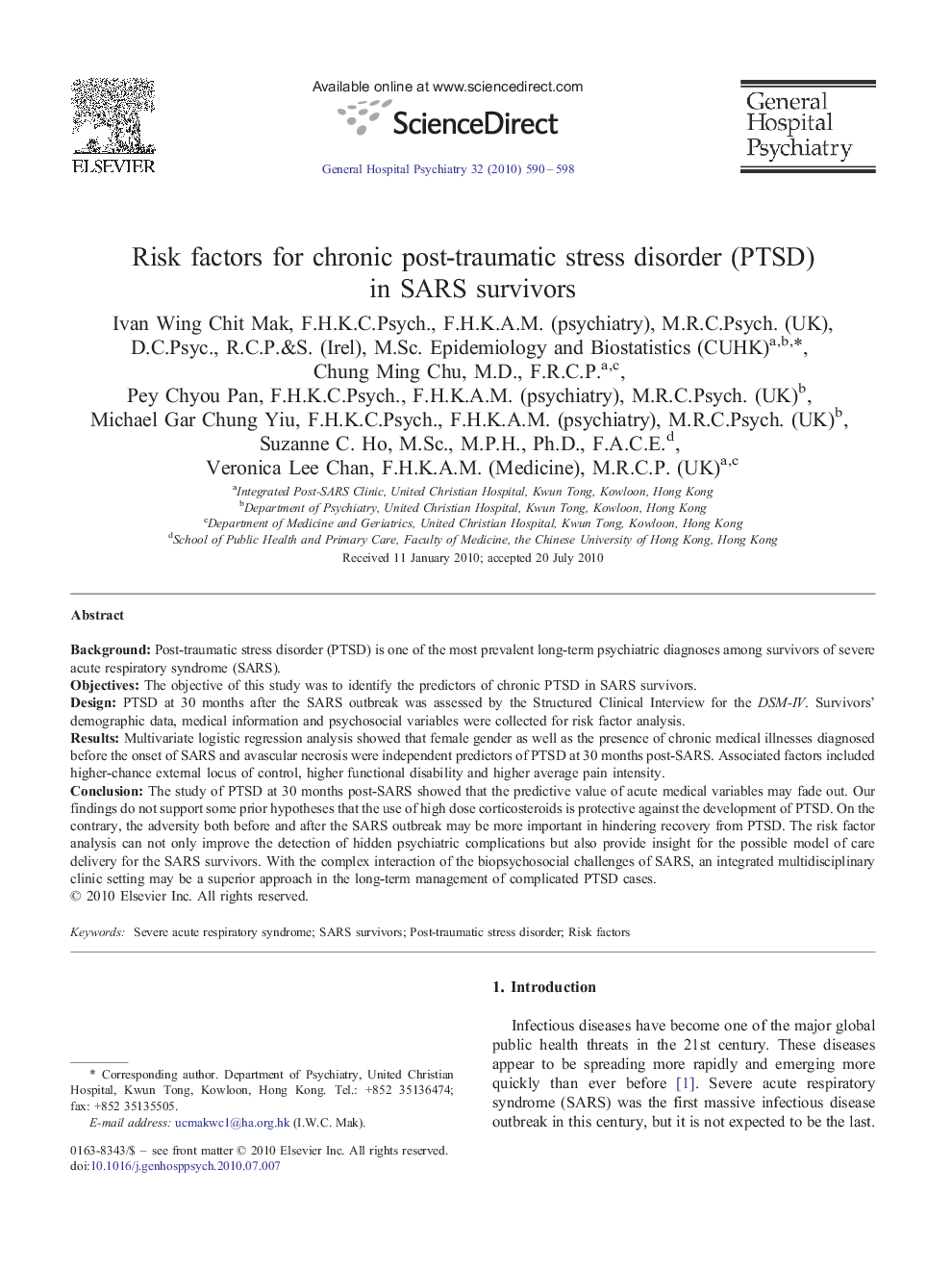 عکس صفحه اول مقاله: Risk factors for chronic post-traumatic stress disorder (PTSD) in SARS survivors Risk factors for chronic post-traumatic stress disorder (PTSD) in SARS survivors