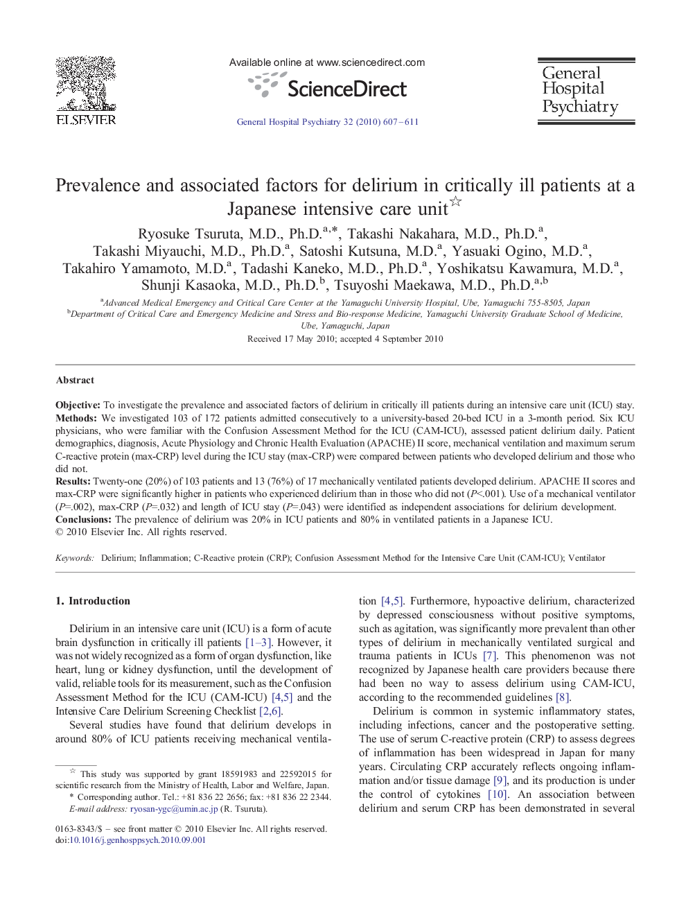 Prevalence and associated factors for delirium in critically ill patients at a Japanese intensive care unit 