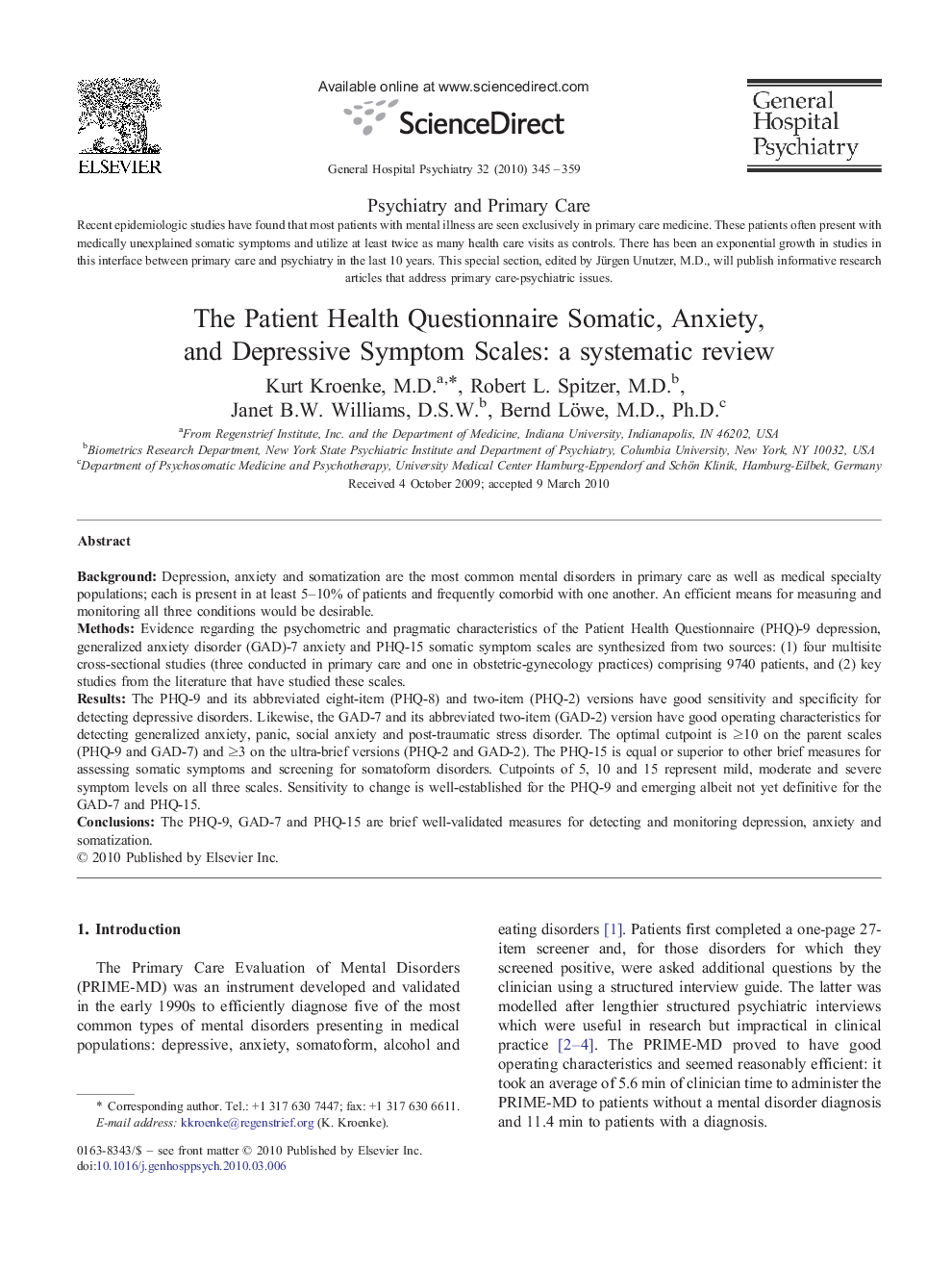 The Patient Health Questionnaire Somatic, Anxiety, and Depressive Symptom Scales: a systematic review 