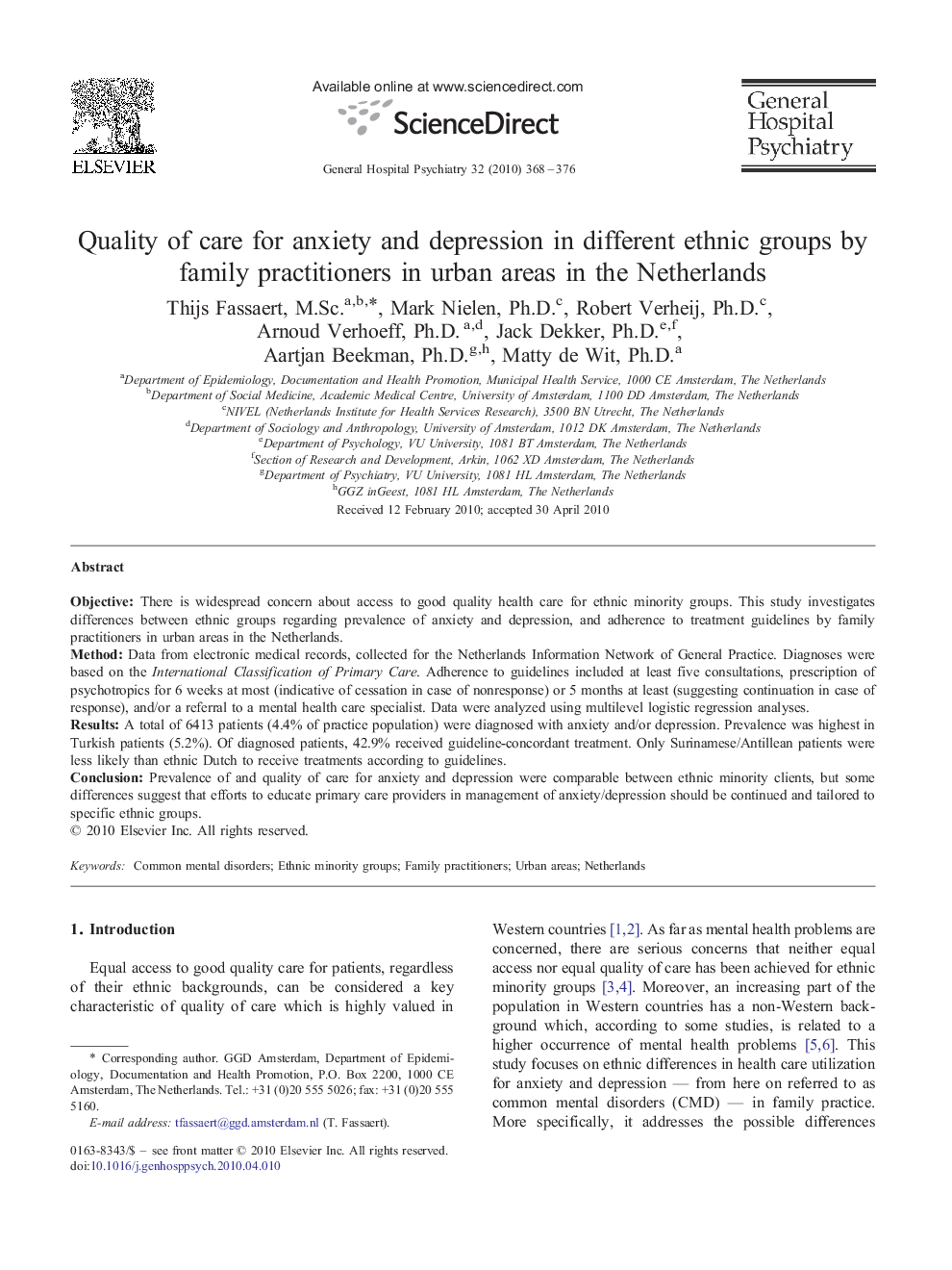 Quality of care for anxiety and depression in different ethnic groups by family practitioners in urban areas in the Netherlands