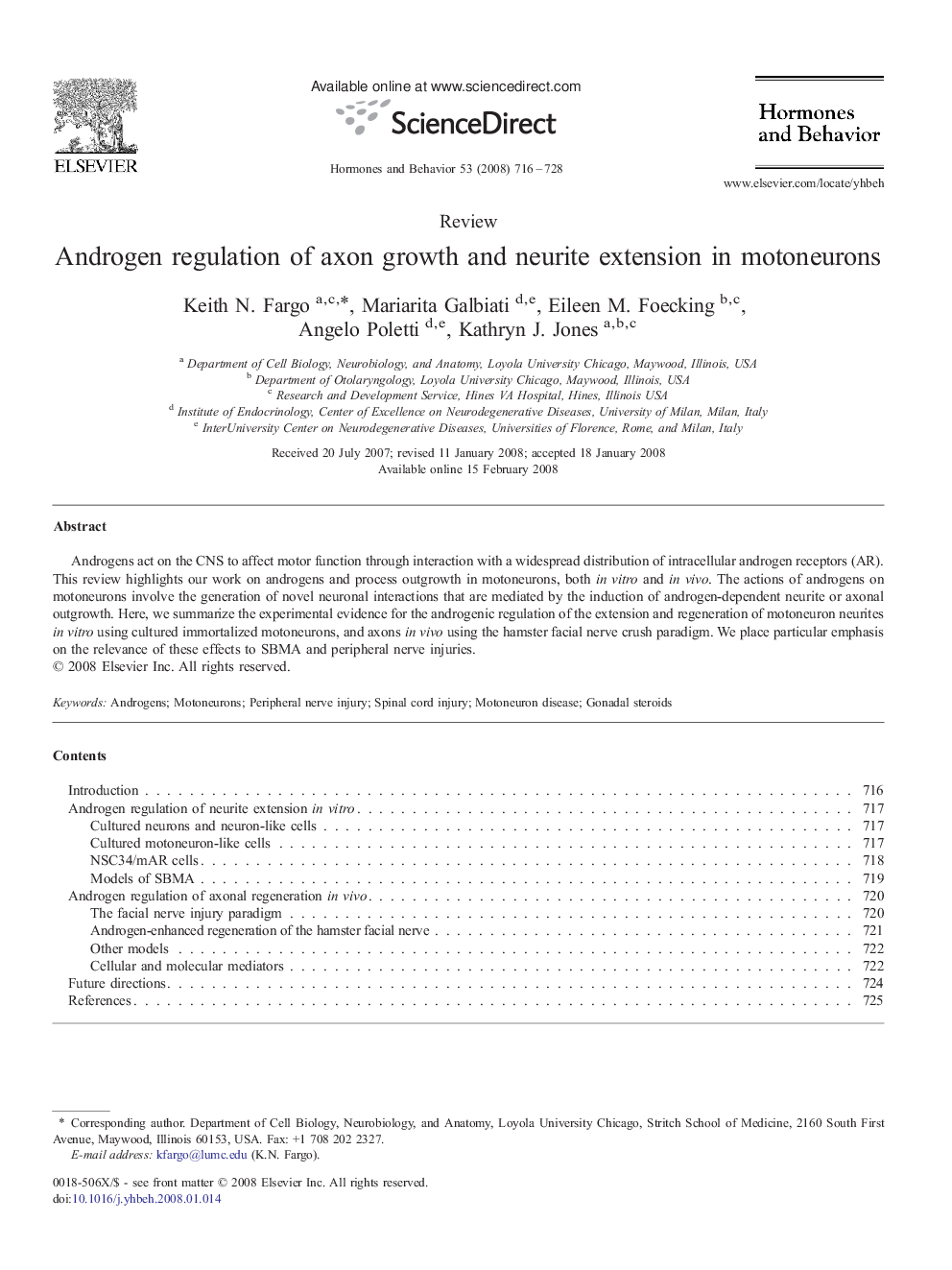 Androgen regulation of axon growth and neurite extension in motoneurons