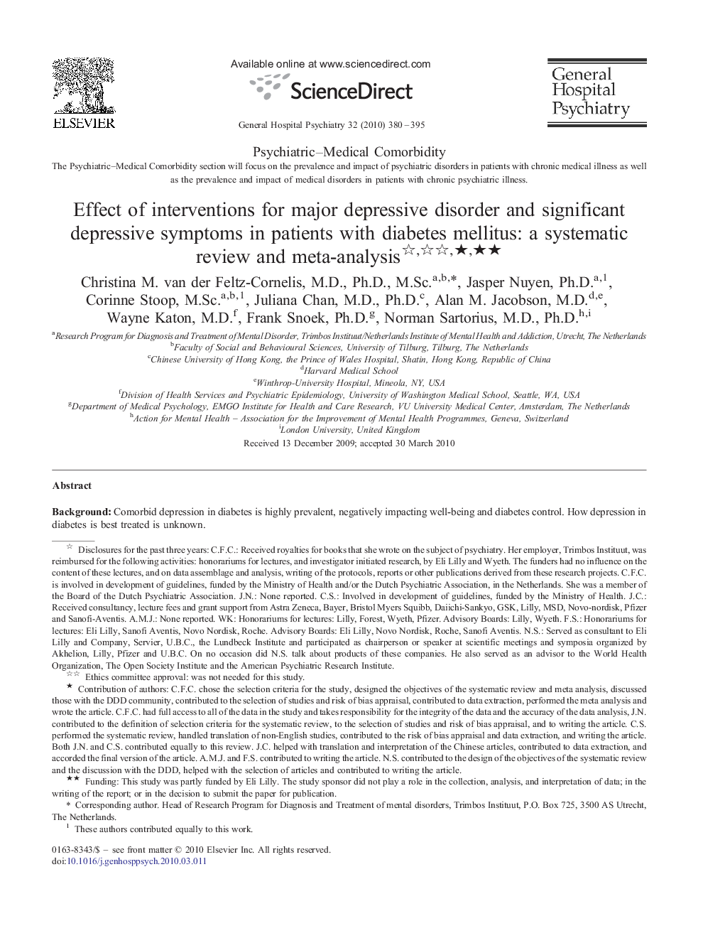 Effect of interventions for major depressive disorder and significant depressive symptoms in patients with diabetes mellitus: a systematic review and meta-analysis ★★★