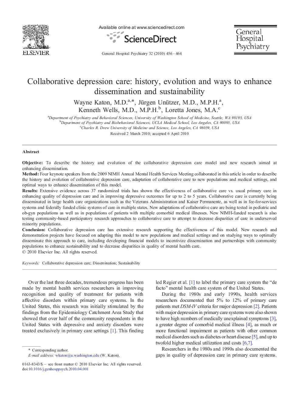 Collaborative depression care: history, evolution and ways to enhance dissemination and sustainability