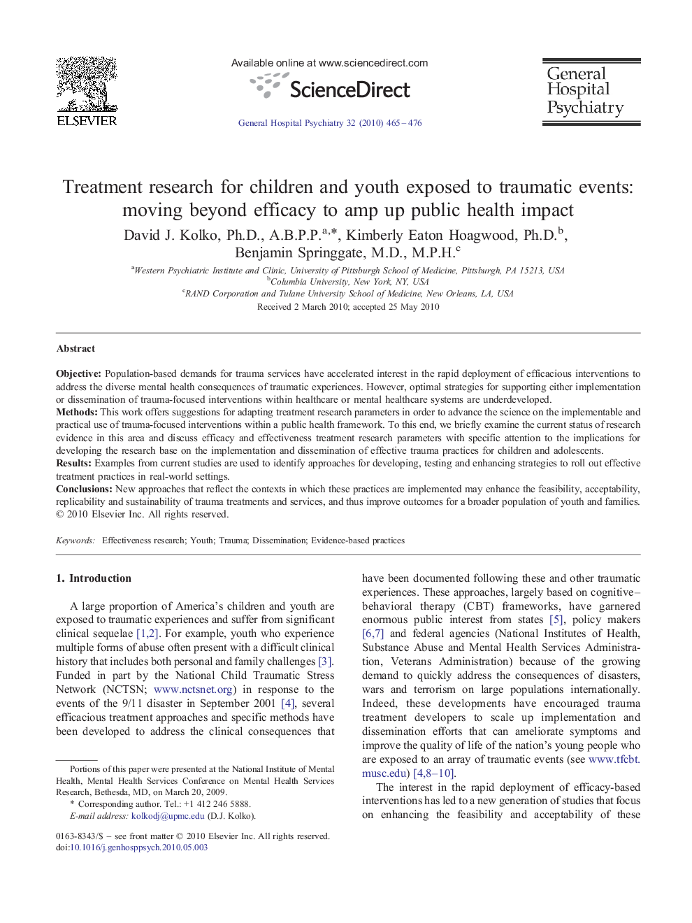 Treatment research for children and youth exposed to traumatic events: moving beyond efficacy to amp up public health impact 