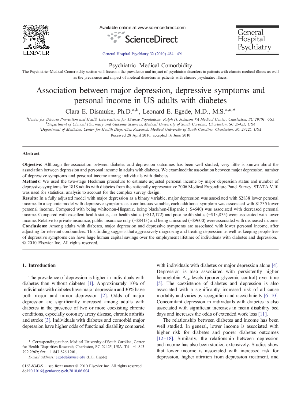 Association between major depression, depressive symptoms and personal income in US adults with diabetes 
