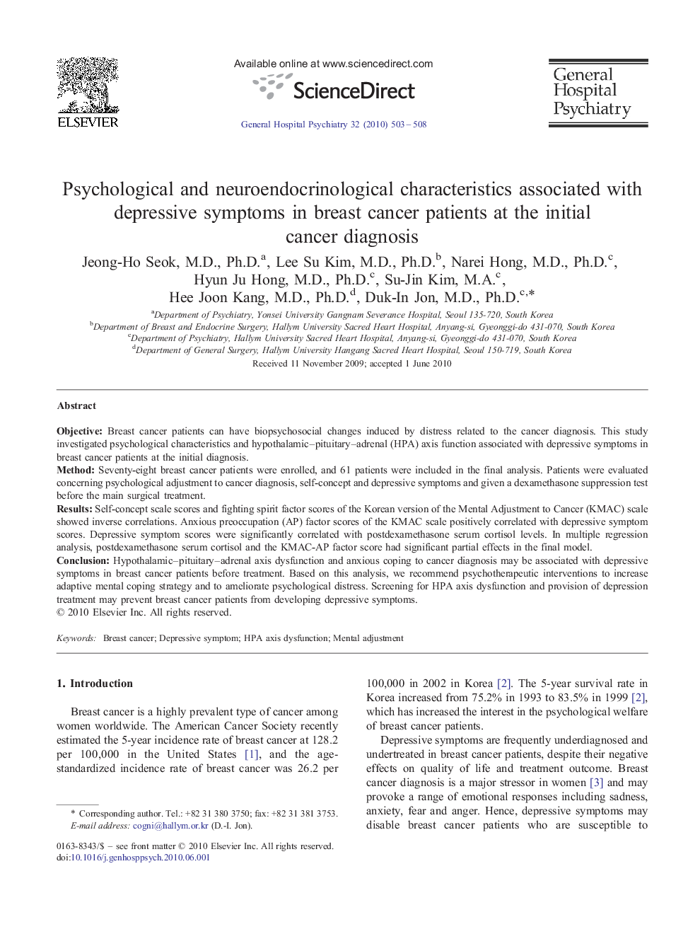 Psychological and neuroendocrinological characteristics associated with depressive symptoms in breast cancer patients at the initial cancer diagnosis