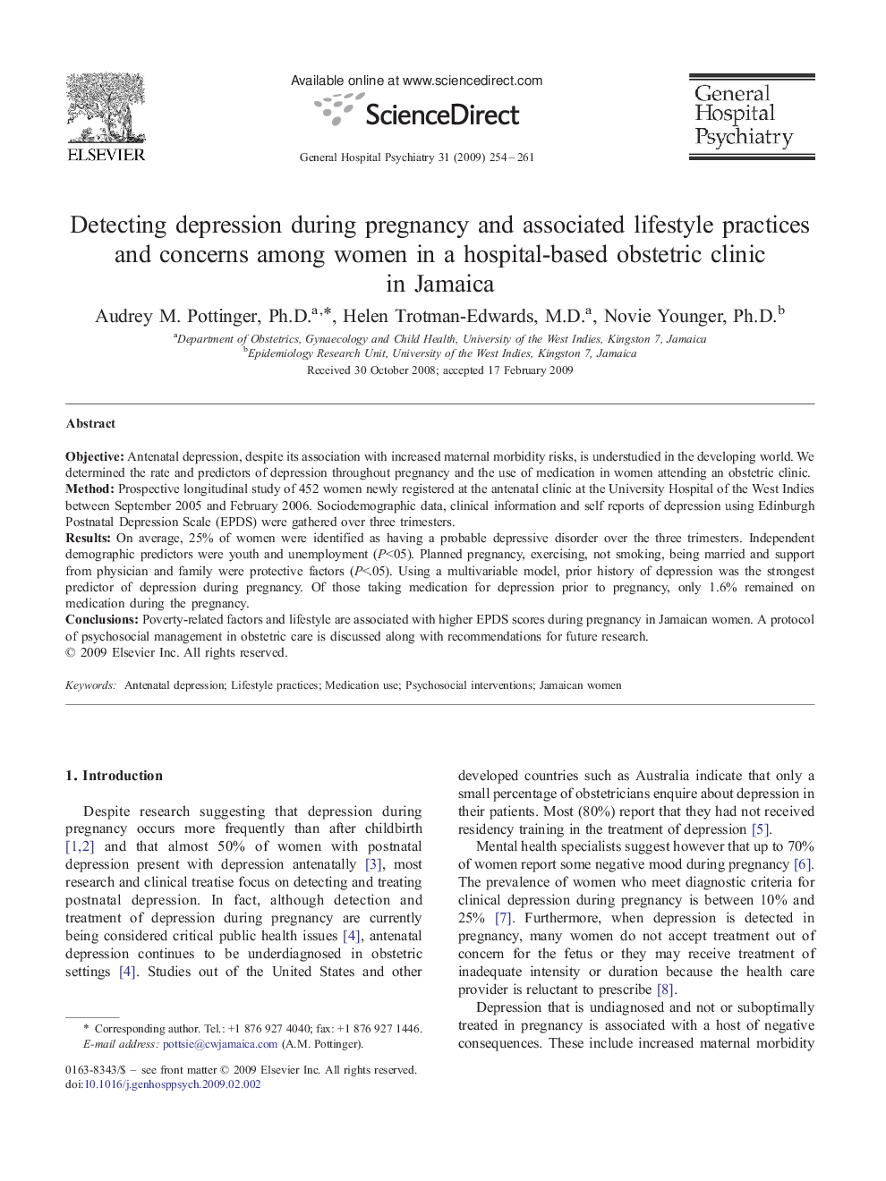 Detecting depression during pregnancy and associated lifestyle practices and concerns among women in a hospital-based obstetric clinic in Jamaica