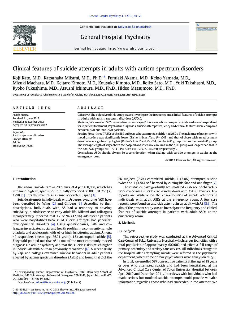 Clinical features of suicide attempts in adults with autism spectrum disorders