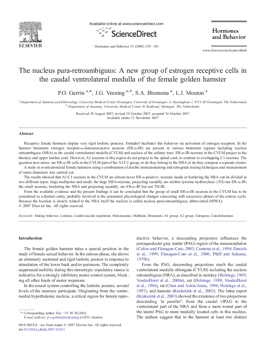 The nucleus para-retroambiguus: A new group of estrogen receptive cells in the caudal ventrolateral medulla of the female golden hamster