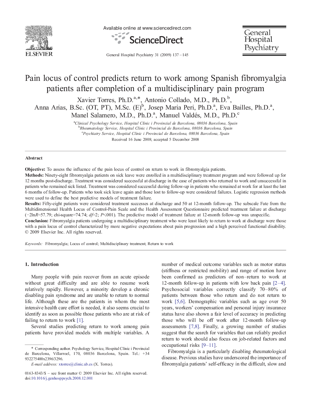 Pain locus of control predicts return to work among Spanish fibromyalgia patients after completion of a multidisciplinary pain program